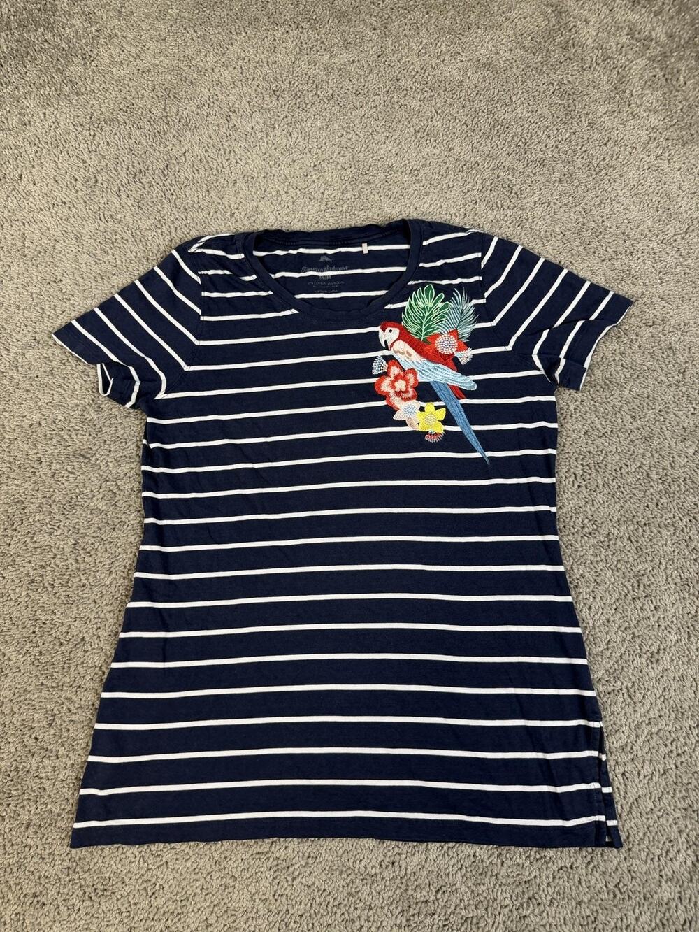 Tommy Bahama Shirt Womens M Blue Striped Tunic Embroidered Parrot Crew